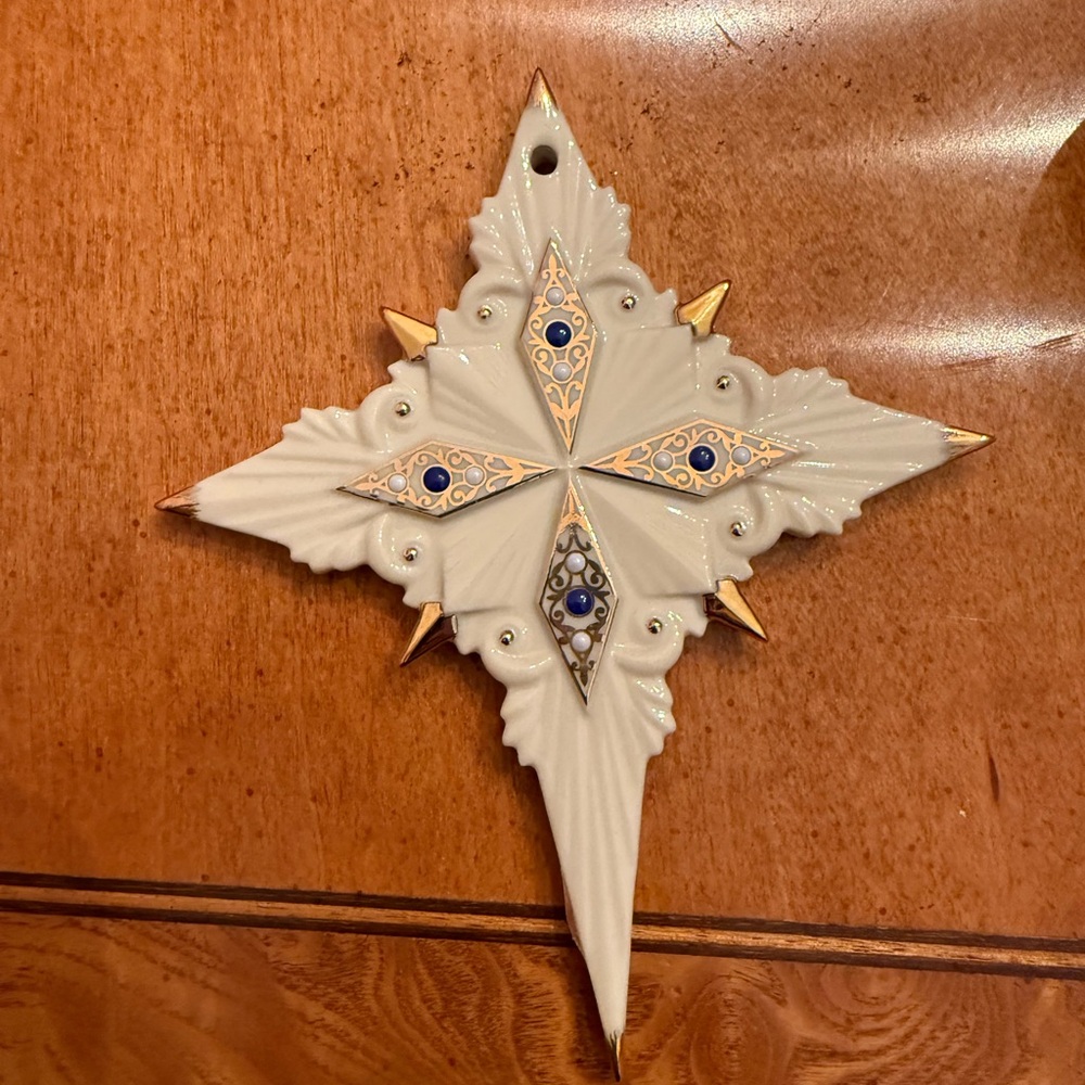 Lenox Ornate Ceramic Starburst Ornament in White and Gold with Blue Accents